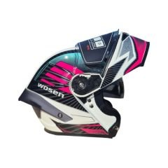 Pembe Beyaz Çene Açılır Kadın Kaskı Vizörlü